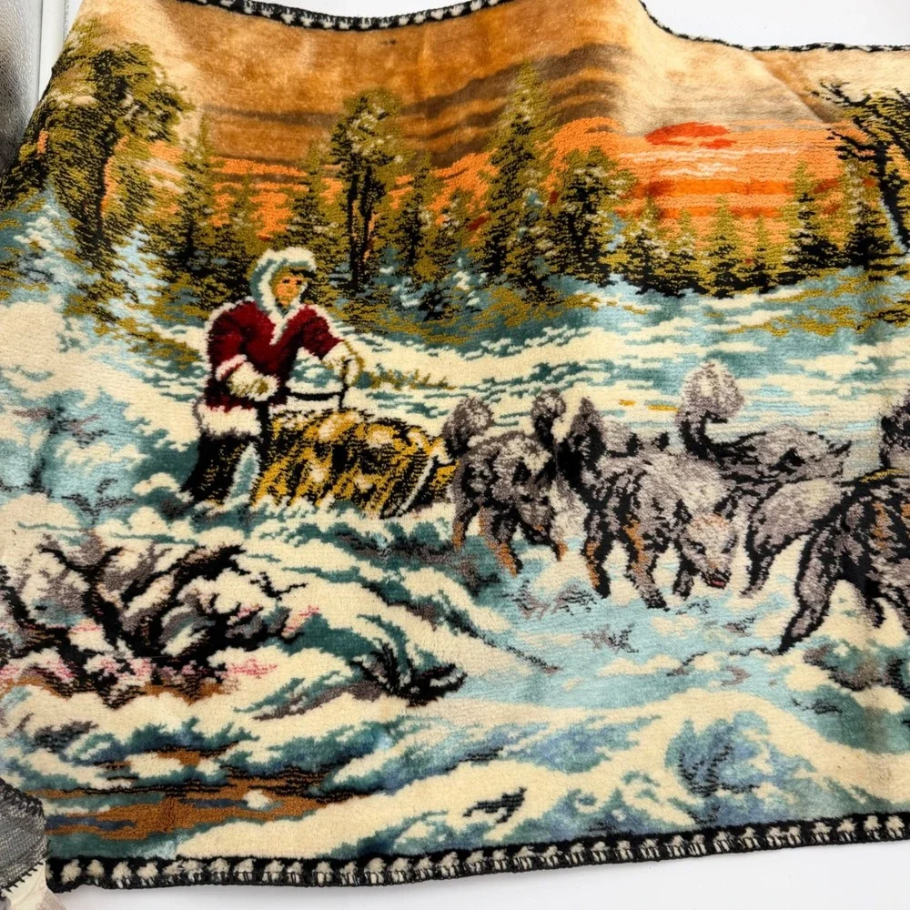 Vintage R.T. Co. Italy Dog Sled Wolf Team Plush Tapestry Wall Hanging 38x19
